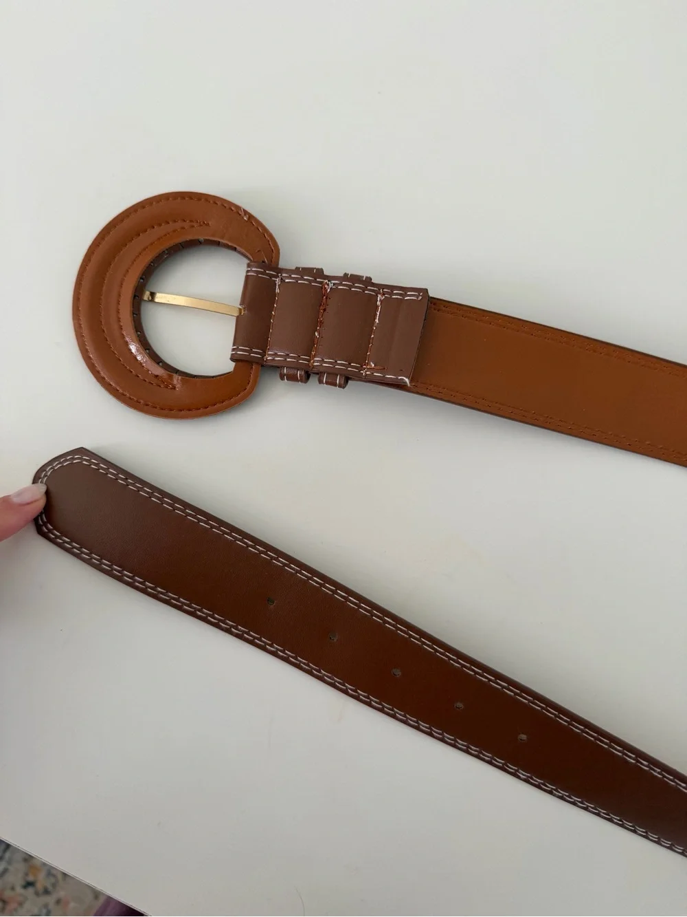 Brown faux leather belt accessory round buckle